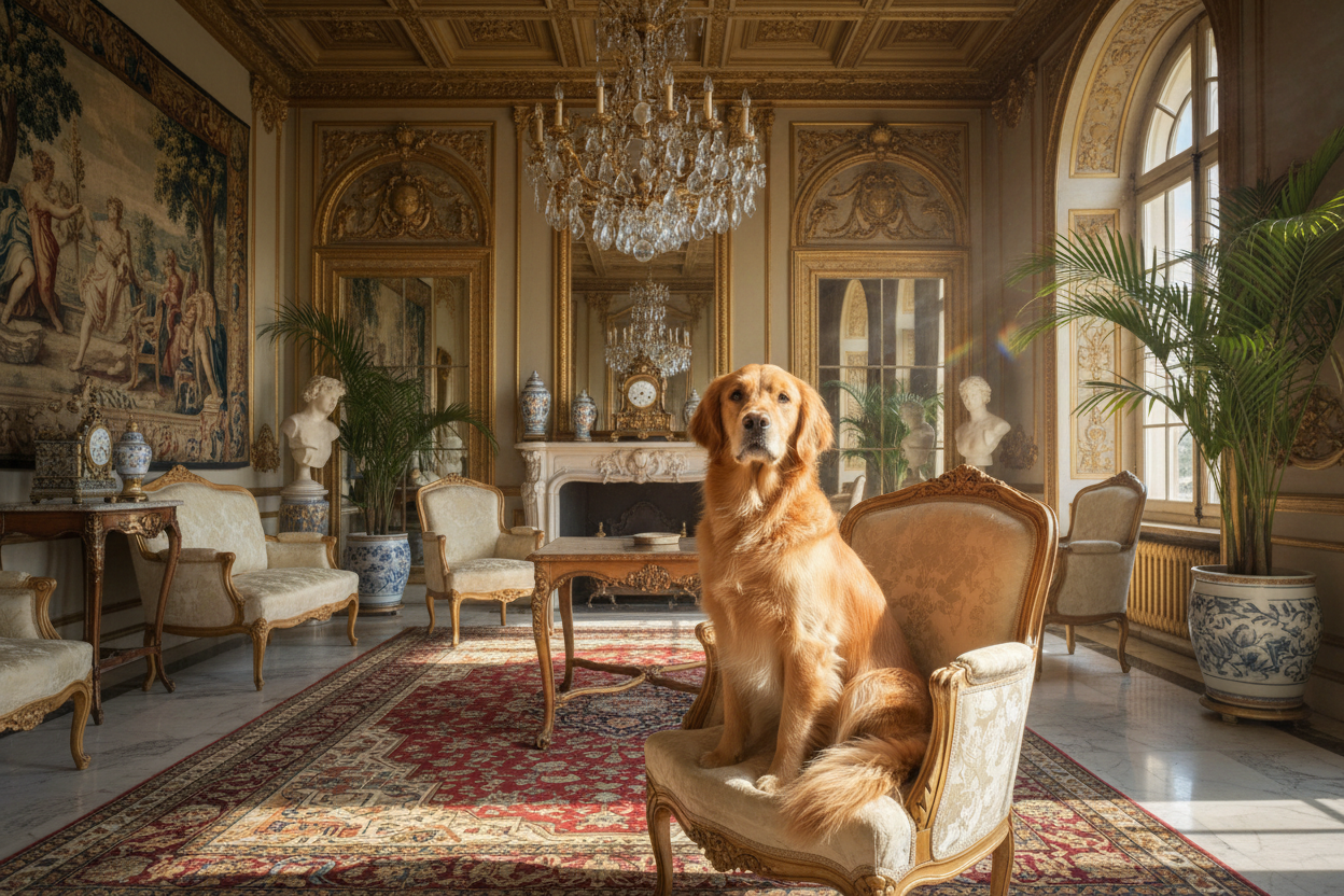 A high-resolution, hyper-realistic photograph of a golden retriever sitting in a palace living room