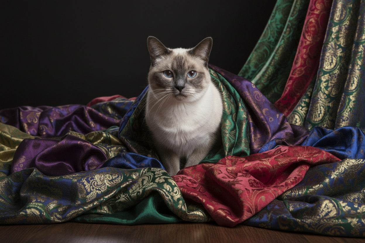 High resolution, hyper-realistic photograph of fancy a cat surrounded by the most luxurious colourful fabrics